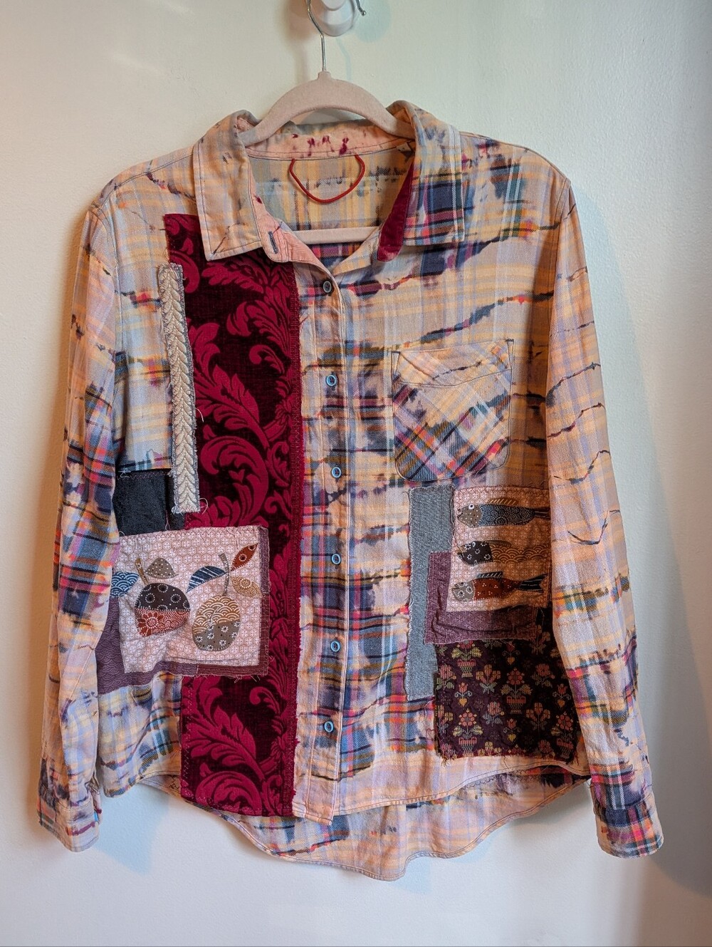 HANDMADE Red Dyed Fruits Design Patchwork Plaid Multicolored Shirt Size Small